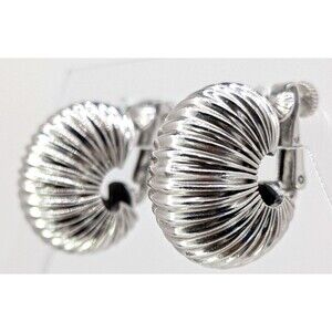 Signed Vendome Clip On Earrings Silver Tone Ribbed Hoop Vintage Pat Pending 15g